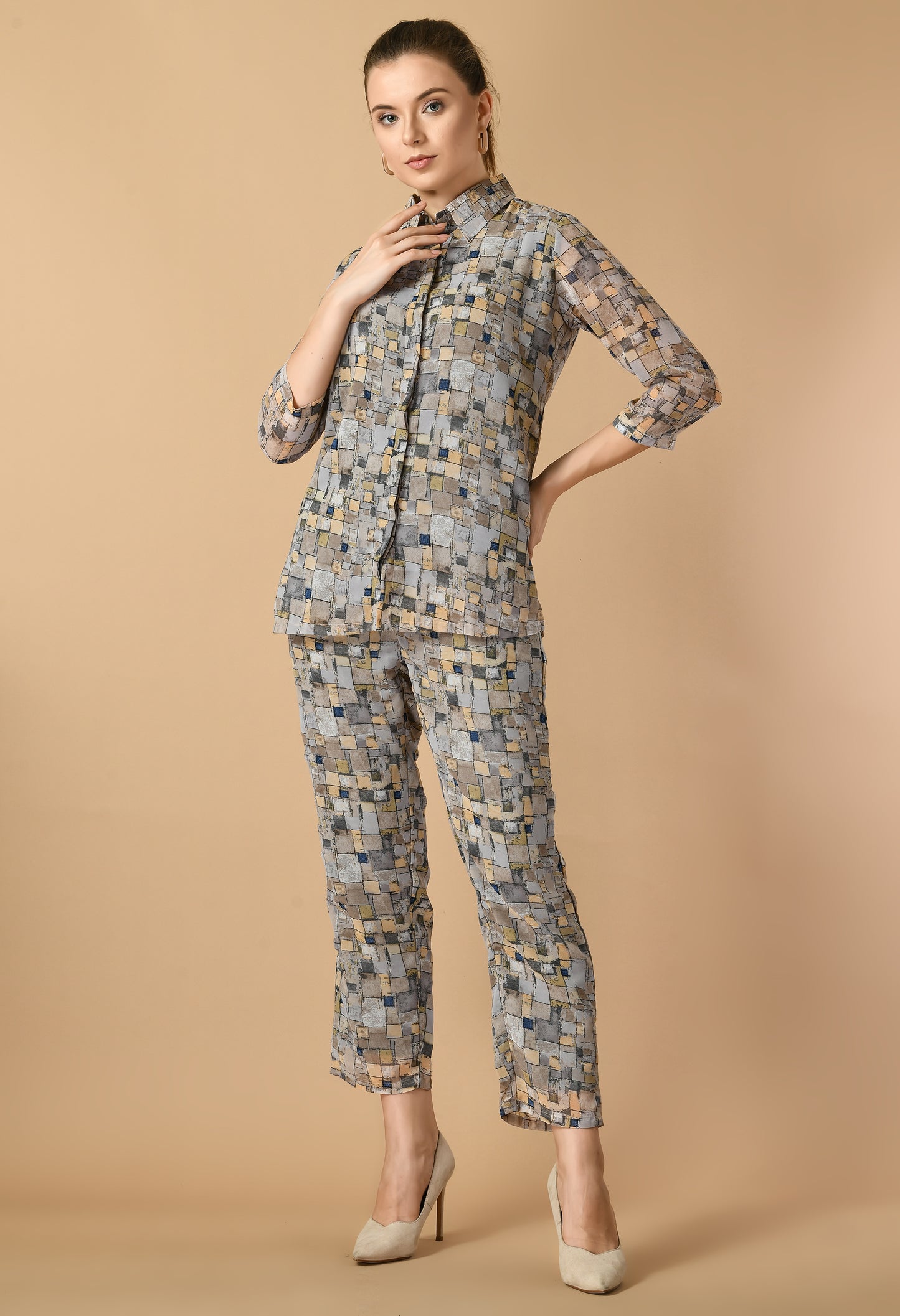 Women's Multi Print Collar 3/4 Sleeve Shirt with Waist Pant Co-Ord Set