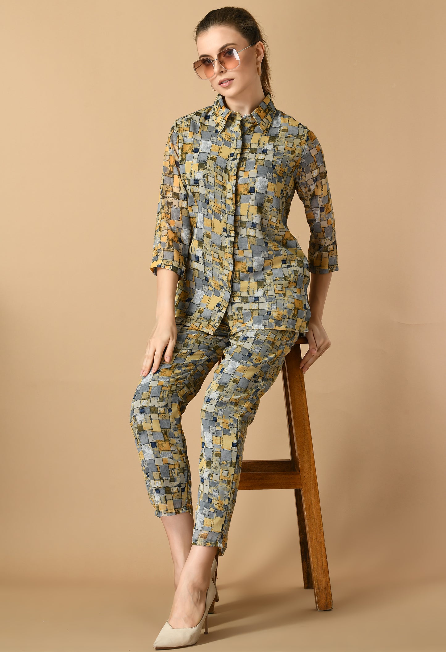 Women's Multi Print Collar 3/4 Sleeve Shirt with Waist Pant Co-Ord Set